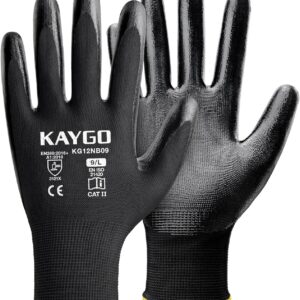 KAYGO Work Gloves Nitrile Coated, 12 Pairs KG12N，Seamless Knit, Protective Safety Work Gloves with Good Grip for General Work (Black,L)